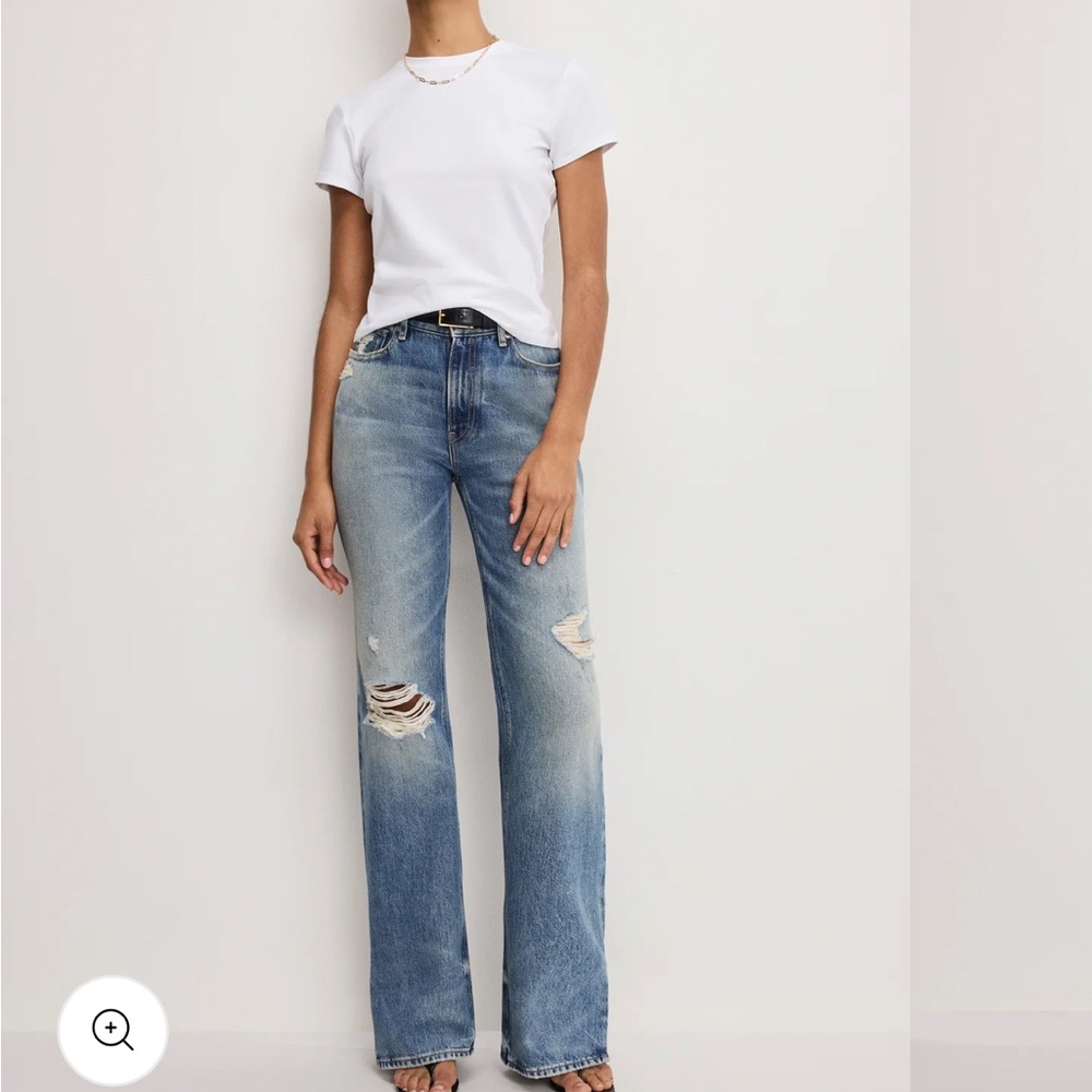 Good American High-Rise Distressed Straight-Leg Jeans in Light Blue Wash